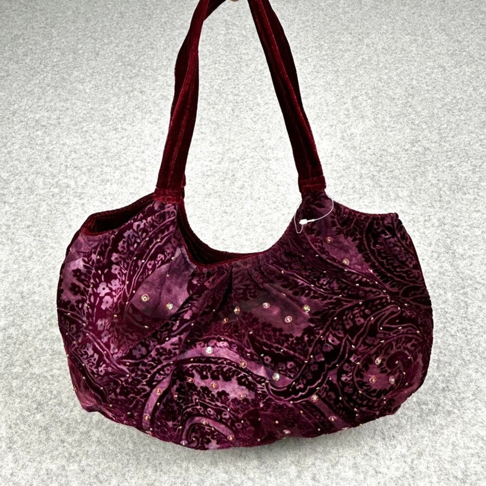 Burgundy Velvet Shoulder Bag Boho Purse Floral Burnout Handmade Beaded Small